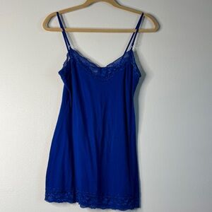 Royal Blue Lace Trim Chemise Tank Top Camisole Adjustable Straps Spaghetti Long